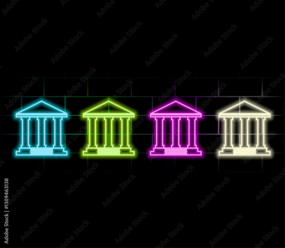 Vetor de ícone simples de banco. Design plano. Estilo de néon azul no botão. Com shadow.