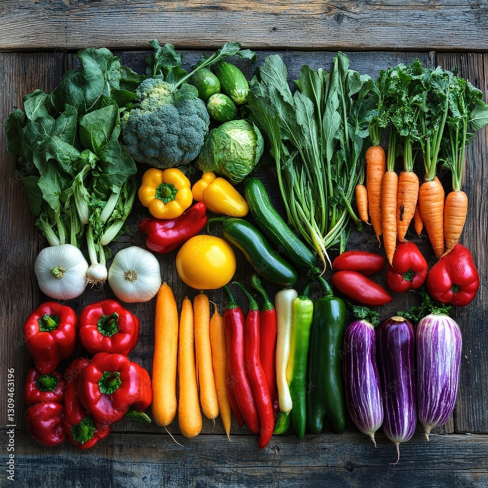 A vibrant display of freshly picked organic vegetables laid out on a wooden table A vibrant display of freshly picked organic vegetables laid out on a wooden table