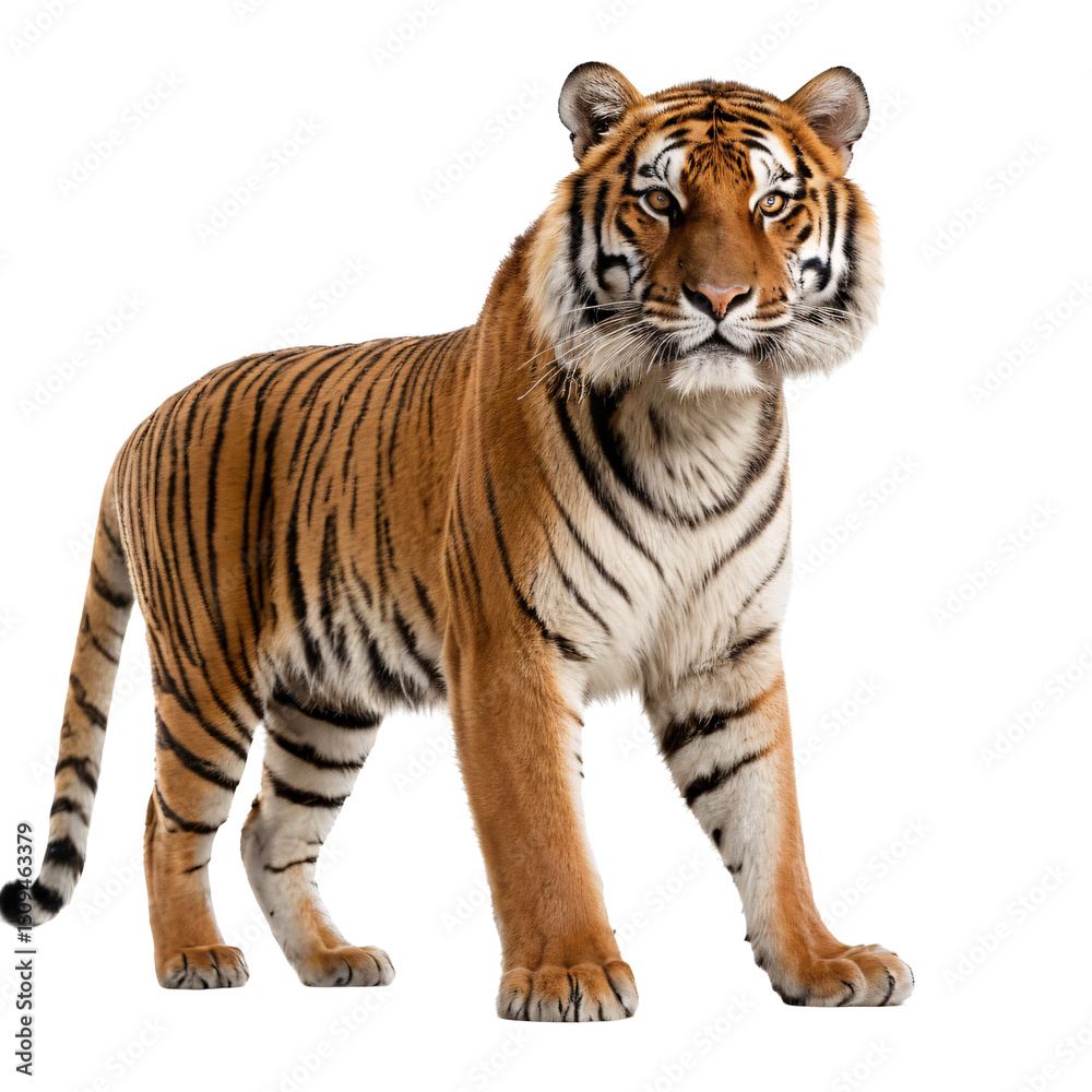 Obraz premium Majestic Full-Body Tiger Portrait with Striking Stripes, Piercing Yellow Eyes, Powerful Stance, Detailed Fur, High Contrast, Studio Lighting, White Background, Realistic 4K Wildlife PNG