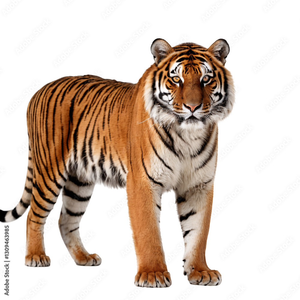 Naklejka premium Majestic Full-Body Tiger Portrait with Striking Stripes, Piercing Yellow Eyes, Powerful Stance, Detailed Fur, High Contrast, Studio Lighting, White Background, Realistic 4K Wildlife PNG