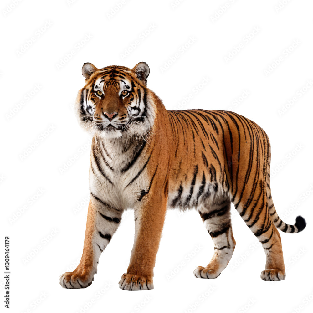 Obraz premium Majestic Full-Body Tiger Portrait with Striking Stripes, Piercing Yellow Eyes, Powerful Stance, Detailed Fur, High Contrast, Studio Lighting, White Background, Realistic 4K Wildlife PNG