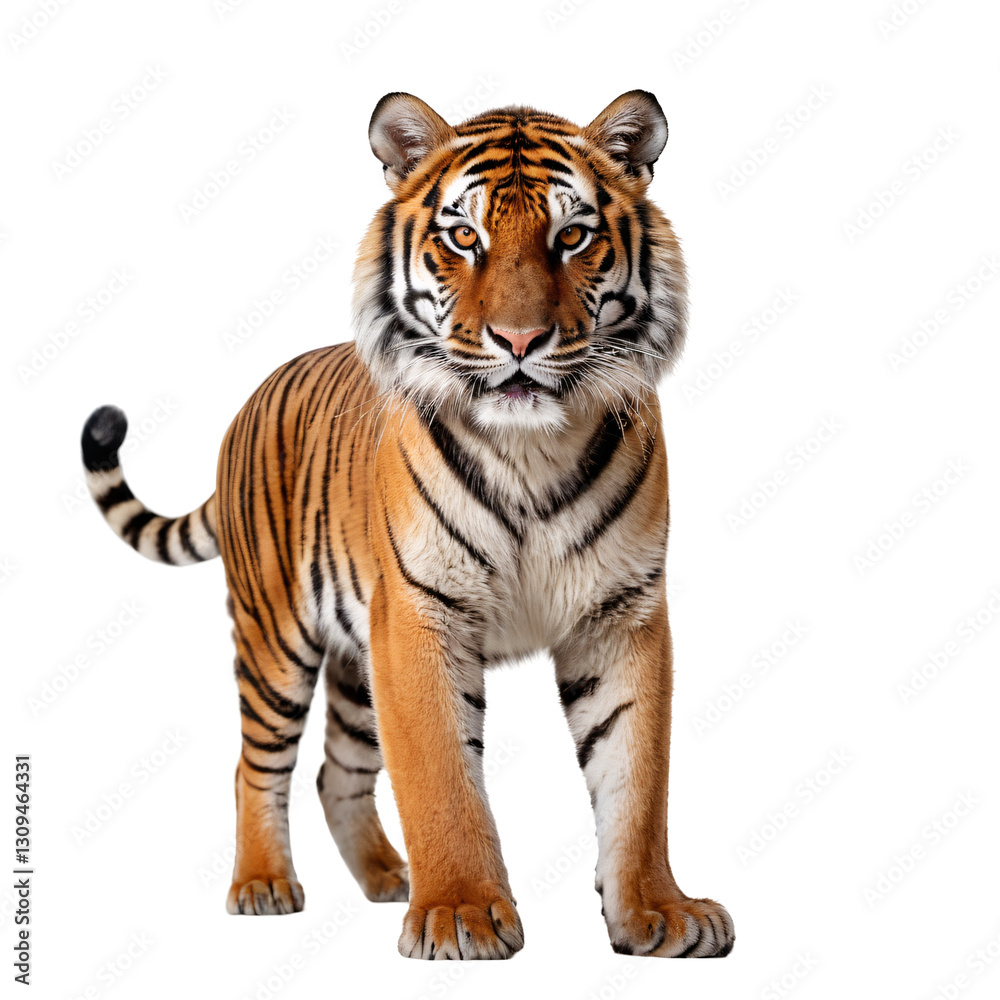 Obraz premium Majestic Full-Body Tiger Portrait with Striking Stripes, Piercing Yellow Eyes, Powerful Stance, Detailed Fur, High Contrast, Studio Lighting, White Background, Realistic 4K Wildlife PNG