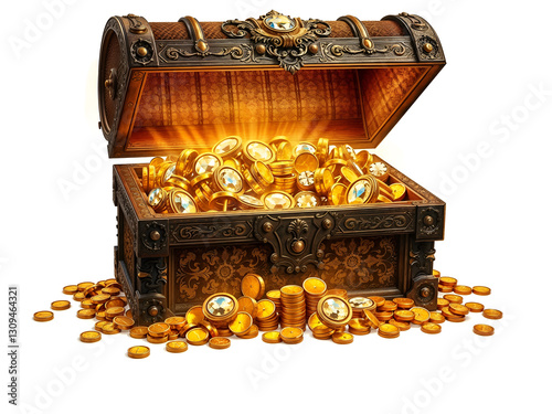 Glowing treasure chest filled with gold coins, representing wealth, fantasy, and pirate adventures. Generative AI