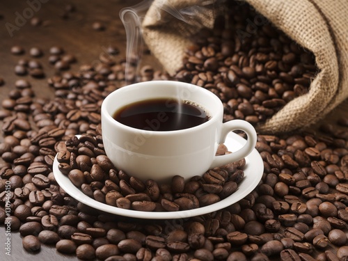 A cup of steaming black coffee surrounded by roasted coffee beans.