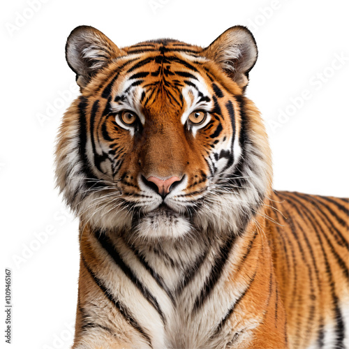 Majestic Tiger Portrait with Piercing Eyes, Striking Stripes, Detailed Features, White Fur, Intense Gaze, Regal Pose, High-Contrast Studio Lighting, Close-Up Wildlife Photography, Tiger Face photo