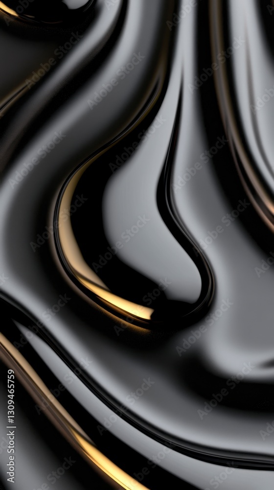 Obraz premium Abstract image of flowing black liquid with golden highlights. Fluid, dynamic shapes create a luxurious and elegant feel. Dark background with shimmering gold accents.