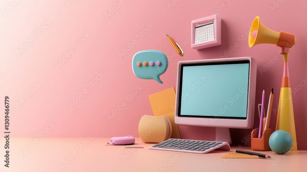Pink 3D Office Workspace Render with Computer Pink 3D Office Workspace Render with Computer