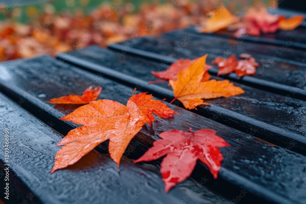 Obraz premium Red-orange autumn leaves on a damp wooden bench, highlighting seasonal mood and outdoor setting