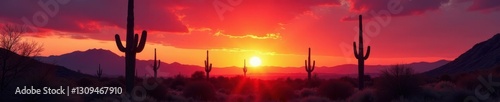 Fiery Arizona desert sunset, saguaro silhouettes, sky, clouds, mountains