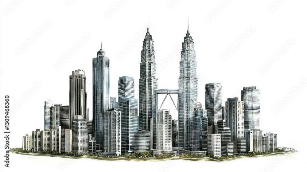 Fototapeta premium Kuala Lumpur skyline watercolor painting, urban landscape illustration