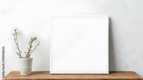 White Blank Canvas Leaning On Wooden Surface With Small Potted Plant Against White Wall