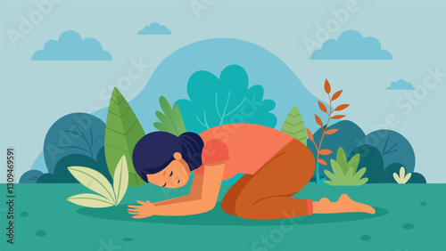 Transitioning into childs pose you let your forehead rest on the ground and surrender to the peaceful atmosphere of the garden releasing any stress in. Vector illustration