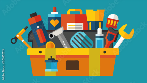 An illustration of a toolbox bursting with tools and equipment representing the practical skills gained at trade school.. Vector illustration