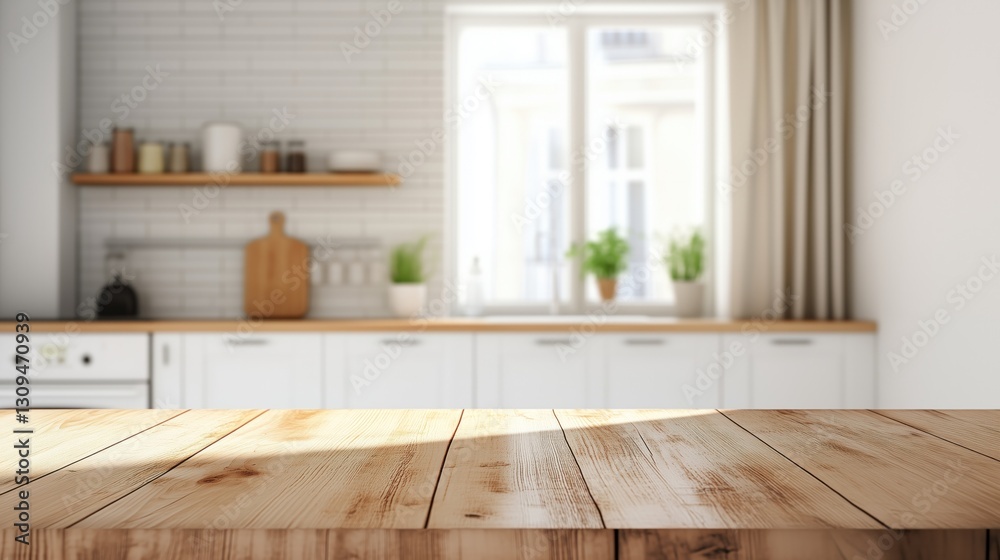 Empty wooden table in a blurred modern kitchen, copy space Empty wooden table in a blurred modern kitchen, copy space