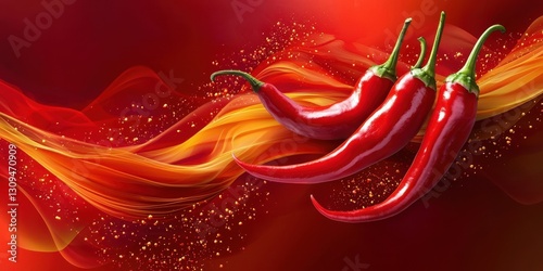 Red chili peppers twisting with fiery energy on a deep red and orange background