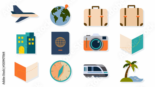 Travel Icons Set: Airplane, Globe, Luggage, Passport, Camera, Map, Compass, Train, Beach Vector Illustrations for Travel Planning and Adventure Themes