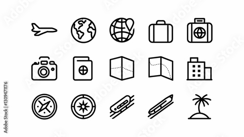 Travel Vector Icon Set with Airplane, Globe, Camera, Suitcase, and Map Icons for Adventure, Journey, Trip Planning, and Tourism Illustrations