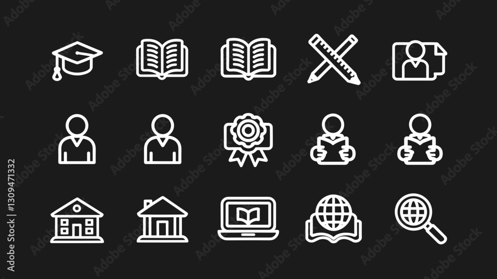 Vector Icon Set for Education, Learning, and Achievement - Campus, Books, Awards, Online Learning, and More in Minimalist Design