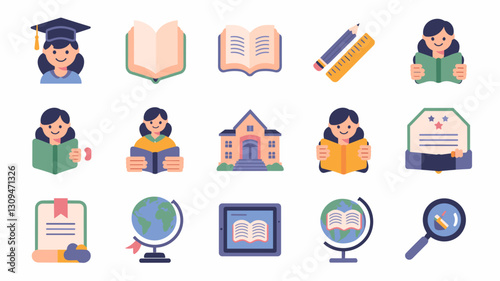 Education Vector Icon Set for Learning, School, and Study - Books, Students, Graduation, Globe, and More - Perfect for Educational Projects