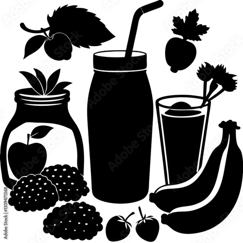 Silhouette of various healthy fruits and drinks as a symbol of weight loss and nutrition

