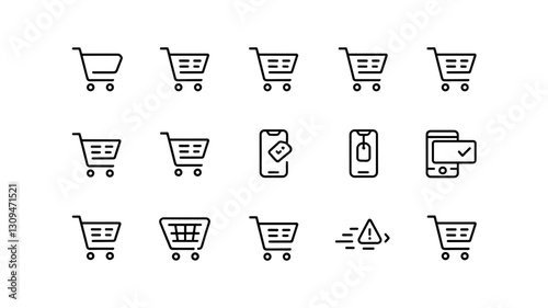 Ecommerce Cart Icon Set, Vector Shopping Icons for Online Retail, Mobile Payment, Checkout Process, Digital Shopping Carts, Minimalist Design