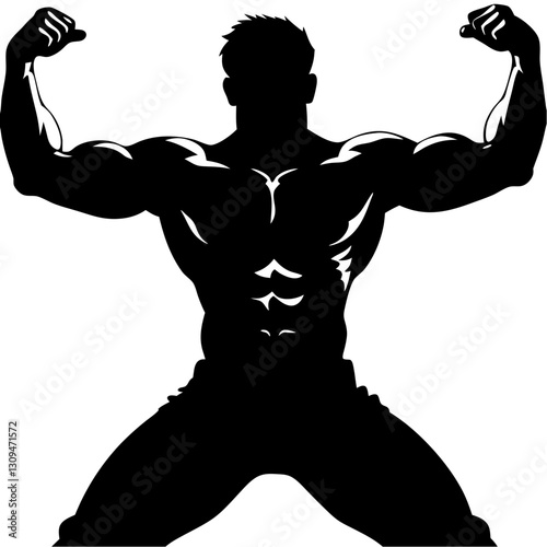 Silhouette of muscular man using resistance bands for strength training, focused expression, fitness concept