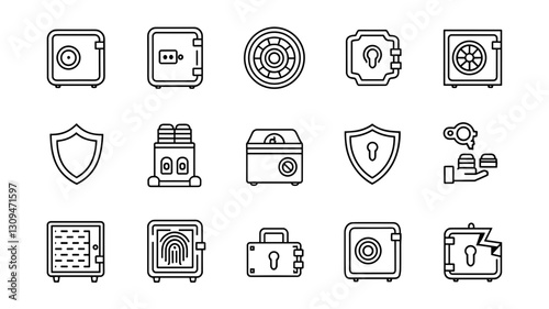 Vector Icon Set of Security Safes, Lockboxes, and Protection Symbols for Financial Services, Home Security, and Personal Safety Use