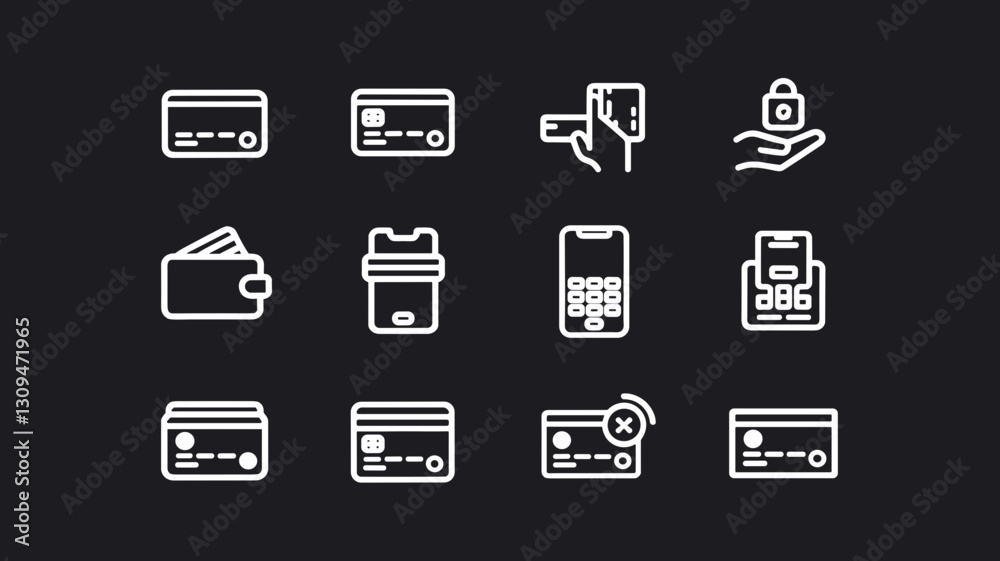 Vector Icon Set for Payment Methods, Wallets, Credit Cards, Mobile Payments, Security, and eCommerce Transactions Vector Icon Set for Payment Methods, Wallets, Credit Cards, Mobile Payments, Security, and eCommerce Transactions