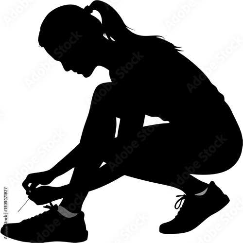 Silhouette of a woman tying shoelaces as a symbol of preparing for weight loss and fitness