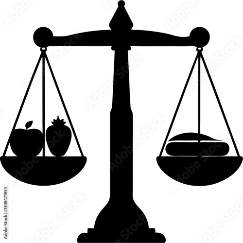 Silhouette of a balance scale with healthy food vs unhealthy food as a symbol of weight loss
