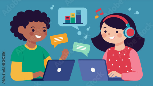 Two children discuss the similarities and differences between their favorite music and movies discovering new interests through their digital pen pal. Vector illustration