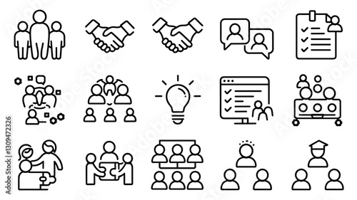 Vector Icon Set for Team Collaboration, Communication, Business Meetings, Networking, Leadership and Creative Ideas in Minimalist Linear Design