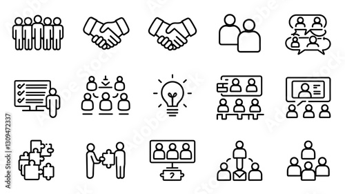Business Collaboration Vector Icon Set for Teamwork, Communication, Ideas, Meetings, Networking, and Partnership in Flat Design