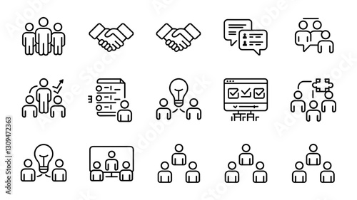 Business Collaboration Vector Icon Set for Teamwork, Communication, Meetings, and Leadership Concepts in Modern Design