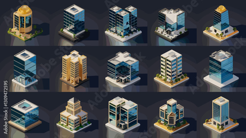 Vector Icon Set of Modern Buildings and Skyscrapers for Architectural Design, Urban Planning, and Real Estate Graphics