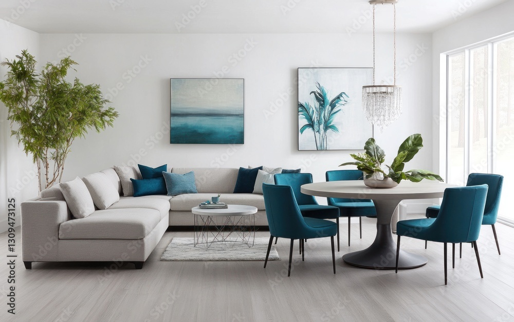 Modern, light, open-concept living and dining area with neutral tones, teal accents, and statement art. Modern, light, open-concept living and dining area with neutral tones, teal accents, and statement art.