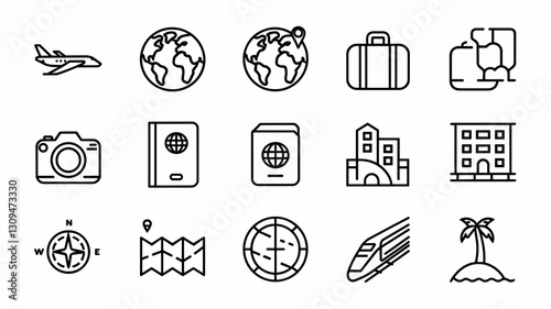 Travel Vector Icon Set for Tourism and Adventure: Airplane, Globe, Camera, Passport, Map, Hotel, and More for Modern Design Projects