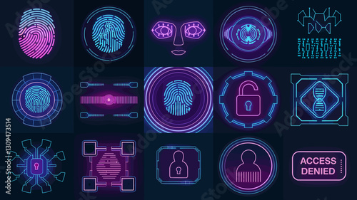 Vector Icon Set of Cybersecurity, Biometric Authentication, Digital Lock, and Access Control Symbols for Technology and Security Designs