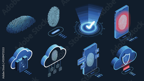 Fingerprint Authentication Vector Icon Set for Cybersecurity, Cloud Storage, and Mobile Device Protection - Modern Digital Security Design Elements