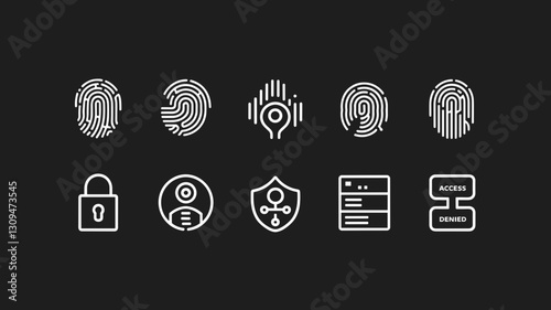 Fingerprint Vector Icons Set for Security, Authentication, and Privacy Solutions, Digital Lock, Shield, and Access Control Designs for Graphic Projects