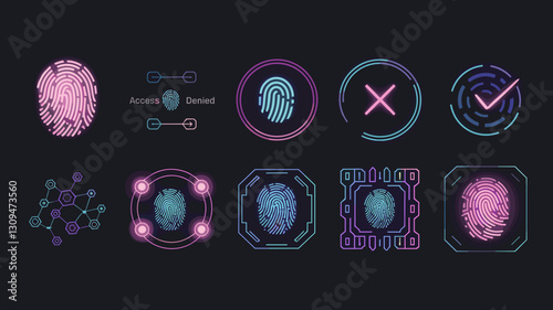 Fingerprint Vector Icon Set for Security and Biometric Authentication, Digital Access Control Symbols, High-Tech Design Graphics for UI Projects