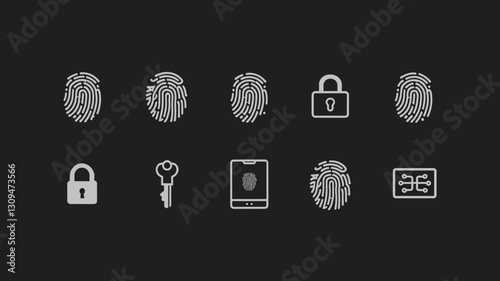 Vector Icon Set of Fingerprint, Lock, Key, and Mobile Security for Identity Verification and Authentication Design