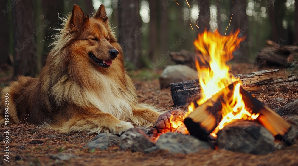 Naklejka premium Dog relaxing by campfire in forest, peaceful evening scene