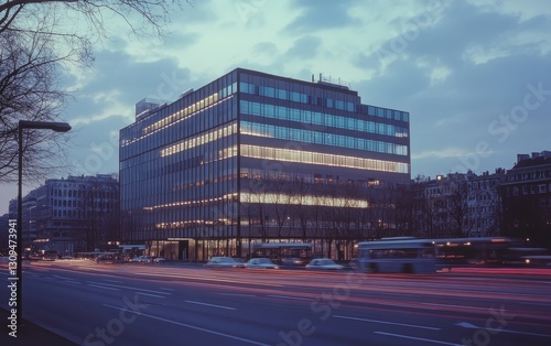 exterior street shot of a office buildings, natural lighting at twilight,