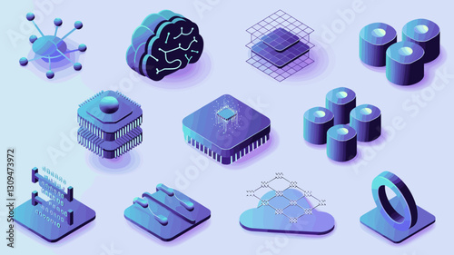 Vector Icon Set for Technology and Data Science, Featuring Brain, Cloud Computing, Circuit, and AI Elements for Modern Design Projects