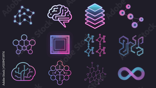 Vector Icon Set for Technology, AI, and Data Science – Modern Brain, Circuit, and Network Symbols for Digital Design and Graphics Projects