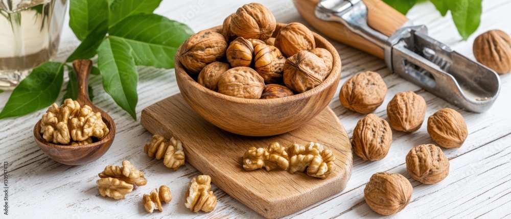 walnuts in wooden bowl with nutcracker walnuts in wooden bowl with nutcracker