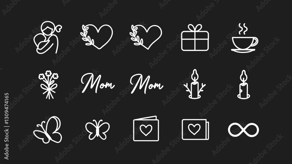 Fototapeta premium Vector Icon Set for Mother's Day, Love, Gifts, and Celebrations - 12 Creative Line Art Symbols for Personal and Commercial Use