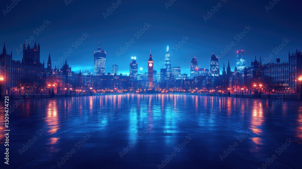 London skyline at night, reflected in still water London skyline at night, reflected in still water