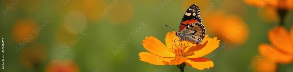 Obraz premium Painted lady butterfly feeding on bright orange cosmos flower, blossom, painted lady, close-up